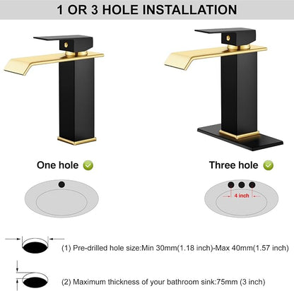 Midanya Waterfall Bathroom Sink Faucet 1 Hole,Matte Black and Shiny Gold | with cUPC Hoses,Pop Up Drain,Deck Plate,for 1 or 3 hole sink,Vanity,RV,Lavatory,Basin,Farmhouse,Stainless Steel,Single Handle