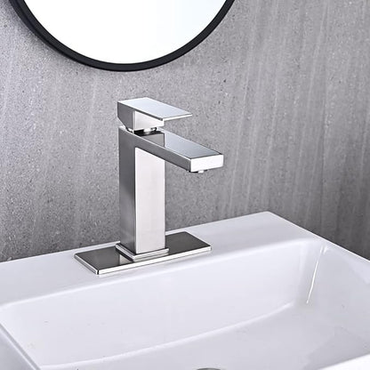 Brushed Nickel Bathroom Faucet, Single Hole Vanity Bath Faucet, Single Handle Modern Stainless Steel Bathroom Faucets for Sink 1 Hole with Pop Up Drain Stopper & Water Supply Hoses