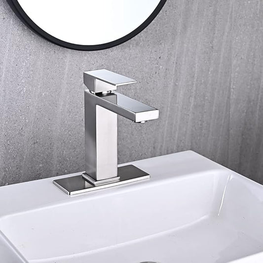 Brushed Nickel Bathroom Faucet, Single Hole Vanity Bath Faucet, Single Handle Modern Stainless Steel Bathroom Faucets for Sink 1 Hole with Pop Up Drain Stopper & Water Supply Hoses