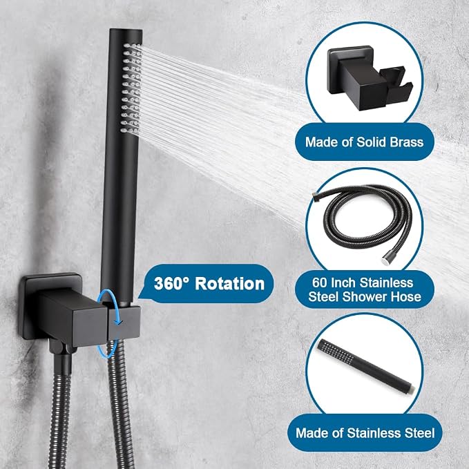 Matte Black Shower Faucet Set Rainfall 12 Inch Shower Head and Handle Set Bathroom Rain Shower System Wall Mounted Shower Fixture Include Shower Valve and Trim Kit
