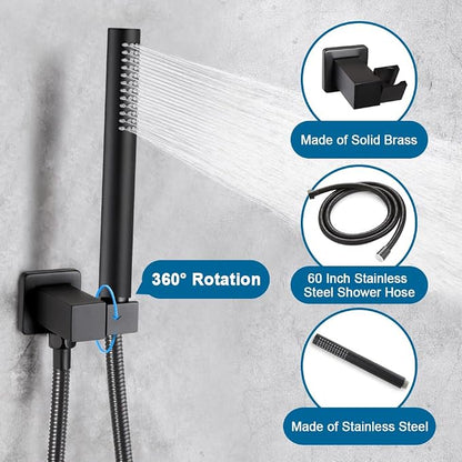 Matte Black Shower Faucet Set Rainfall 12 Inch Shower Head and Handle Set Bathroom Rain Shower System Wall Mounted Shower Fixture Include Shower Valve and Trim Kit