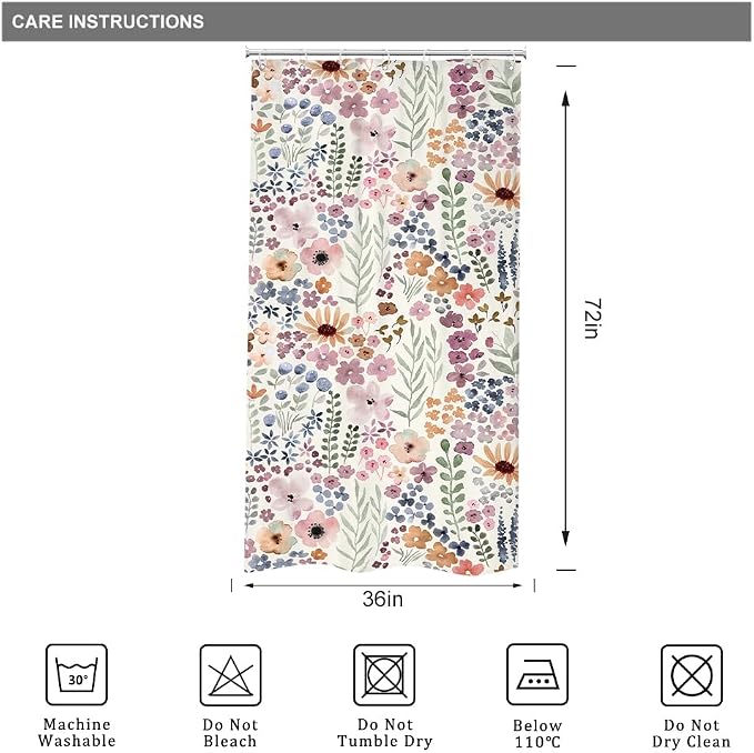 Small Stall Half Narrow Single Stand Up Cute Bathroom Shower Curtain Set | 36"W x 72"H Girly Boho; waterproof HD print, quick-dry fabric with 12 hooks for easy hanging.