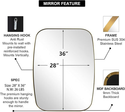 Gold Mirror for Bathroom, 28x36 Inch Stainless Steel Metal Frame Oblong Bathroom Mirror for Vanity, 1’’ Deep Wall Mounted Vertically/Horizontal