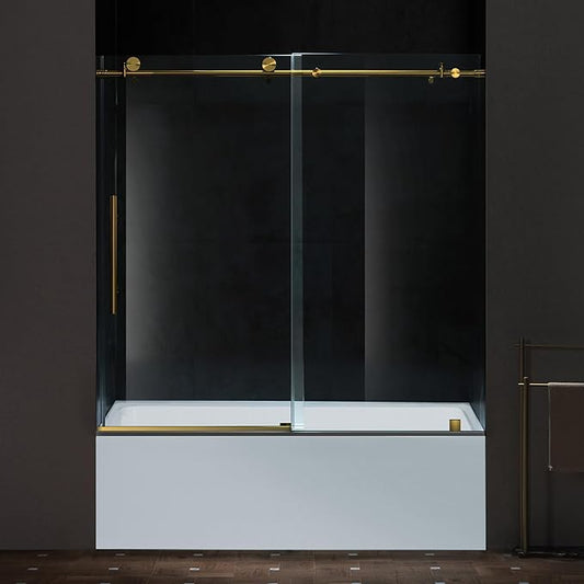 Woodbridge Frameless Single Sliding Shower Doors in Brushed Gold Finish, 57.5-60" Width x 62" Height with 3/8"(10mm) Clear Tempered Glass, Soft Close System and Explosion-Proof Film, BSDC6062-BG