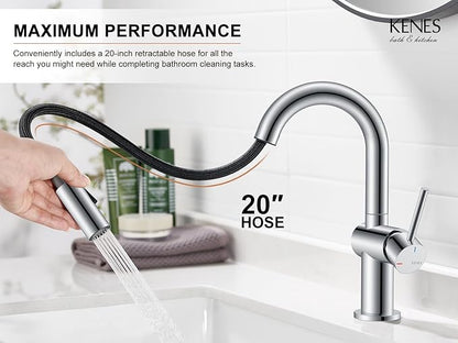 KENES Pull Out Bathroom Sink Faucet, Polished Chrome Single Handle Bathroom Faucet with Pull Down Sprayer, Vanity Bar Faucet with Pop Up Drain & Deck Plate, KE-9065B-5