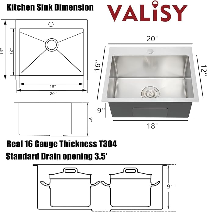 20x16 Inch Drop In Kitchen Sink, 3D Embossed Surface Finish Topmount SUS304 Stainless Steel Single Bowl Sink, Extra-thick 16 Gauge For RV Laundry Utility with Basket Strainer