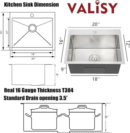 20x16 Inch Drop In Kitchen Sink, 3D Embossed Surface Finish Topmount SUS304 Stainless Steel Single Bowl Sink, Extra-thick 16 Gauge For RV Laundry Utility with Basket Strainer