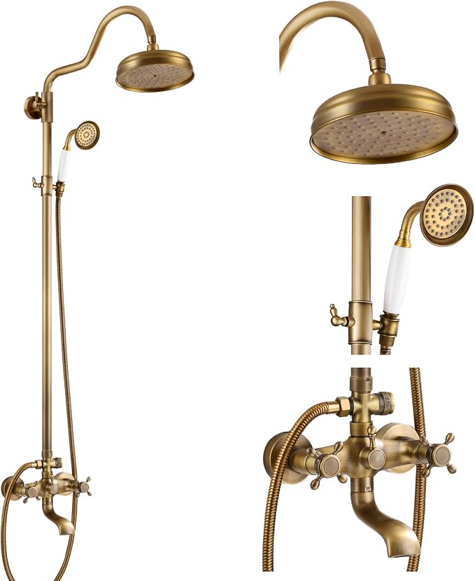 gotonovo Exposed Bathroom Shower System Two Cross Handle Antique Brass | Vintage Brass Tub Shower Faucet Set,8’’ Rain Head with Handheld Spray,Swivel Tub Spout,6’’ Hole Distance,Adjustable Height