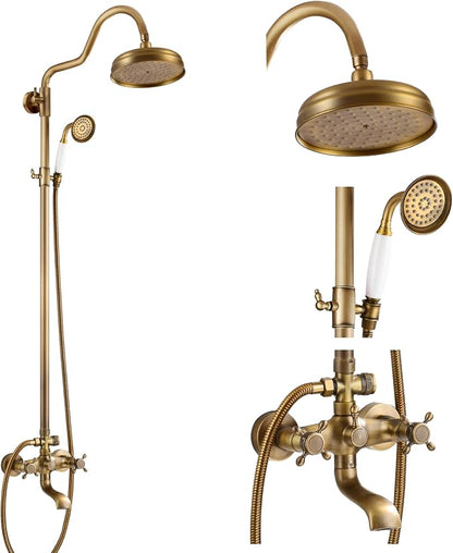 gotonovo Exposed Bathroom Shower System Two Cross Handle Antique Brass | Vintage Brass Tub Shower Faucet Set,8’’ Rain Head with Handheld Spray,Swivel Tub Spout,6’’ Hole Distance,Adjustable Height