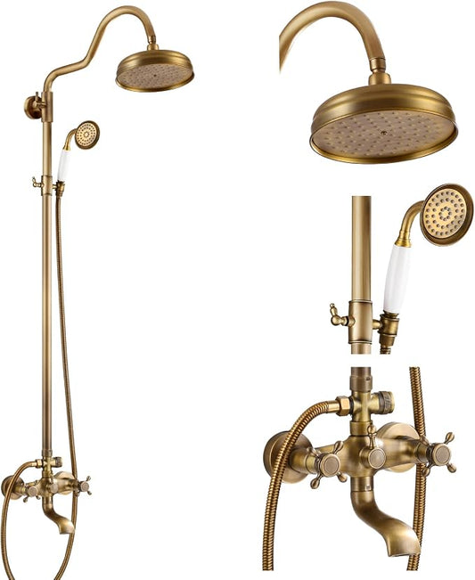 gotonovo Exposed Bathroom Shower System Two Cross Handle Antique Brass | Vintage Brass Tub Shower Faucet Set,8’’ Rain Head with Handheld Spray,Swivel Tub Spout,6’’ Hole Distance,Adjustable Height