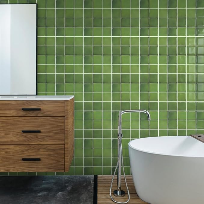 Thicker Peel and Stick 3D Backsplash Tiles Kitchen Bathroom | Green, 10 Pcs 12" x 12", Glossy Self Adhesive Decorative Vinyl Backsplash Wall Sticker, Cover 10 sq ft，Removable，Waterproof