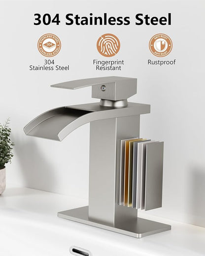 Waterfall Bathroom Faucet 1 Hole, Single Hole Bathroom Faucet, Single Handle Vanity Sink Faucet with Deck Plate, Pop-up Drain & Supply Lines, Brushed Nickel