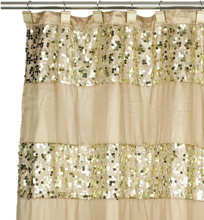 Zahari Home 13pc Sinatra Bathroom Shower Curtain Set - Gold Curtain & 12 Champagne Hooks - Luxury Fabric Bling Unique Beautiful Set