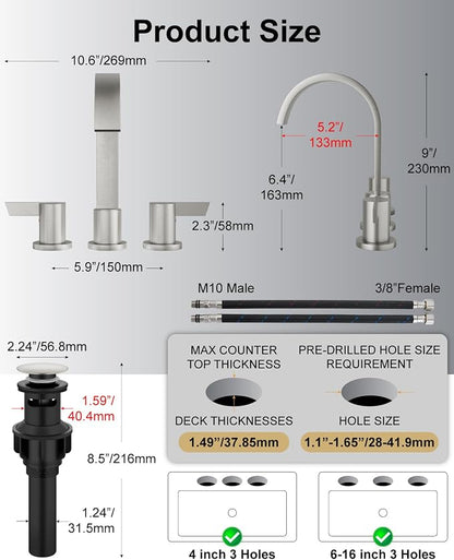Brushed Nickel 3 Hole Bathroom Faucet,8" Widespread Vanity Faucet | 2 Handle Waterfall Bathroom Sink Faucet with Pop-Up Drain,Supply Lines,360° Swivel Spout,Lead-Free Stainless Steel,Deck Mount