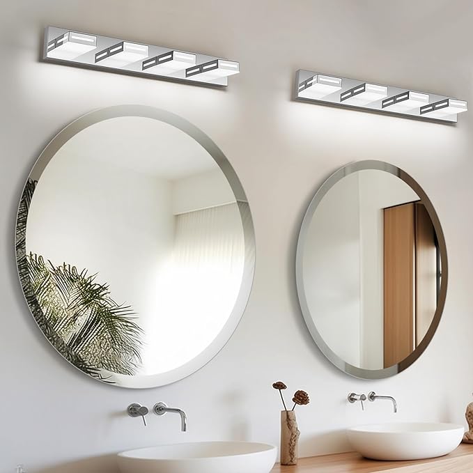 LED Modern Bathroom Light Fixtures, 4-Light 30-Inch Chrome Vanity Lights for Bathroom Lighting Fixtures Over Mirror, 350° Rotatable Acrylic, 6000K Cool White Wall Lamp