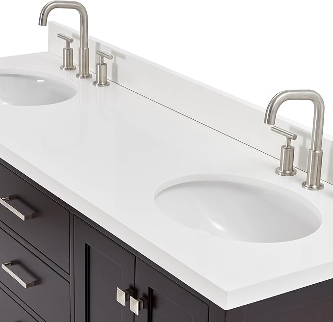 ARIEL Cambridge 66-inch Bathroom Vanity with Sink,Solid Wood, 1.5-inch Pure White Quartz Countertop & Backsplash, Double Oval Porcelain Sink, 4 Soft Closing Doors, 6 Dovetail Drawers, Espresso