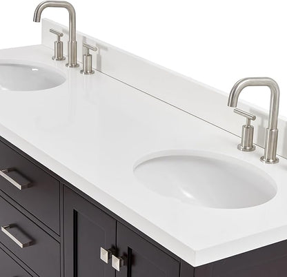 ARIEL Cambridge 66-inch Bathroom Vanity with Sink,Solid Wood, 1.5-inch Pure White Quartz Countertop & Backsplash, Double Oval Porcelain Sink, 4 Soft Closing Doors, 6 Dovetail Drawers, Espresso