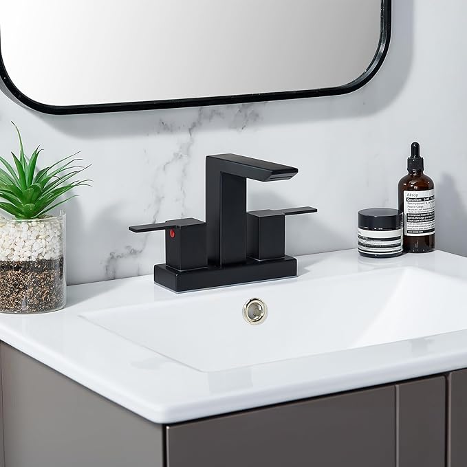 IKEBANA Matte Black Waterfall Bathroom Faucet, 4 inch 2 Handle 304 Stainless Steel Bathroom Sink Faucet, Modern Waterfall Spout Lead-Free Sink Faucets with Pop-up Drain and Supply Hoses