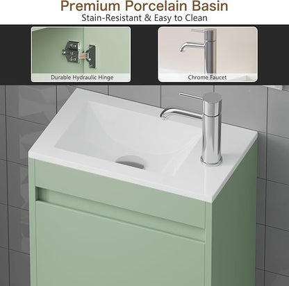 wonline 16" Small Floating Green Bathroom Vanity Sink Combo, Wall Mounted Narrow Single Cabinet with Resin Basin Sink Top, Water Saving Chrome Faucet & Pop-Up Drain