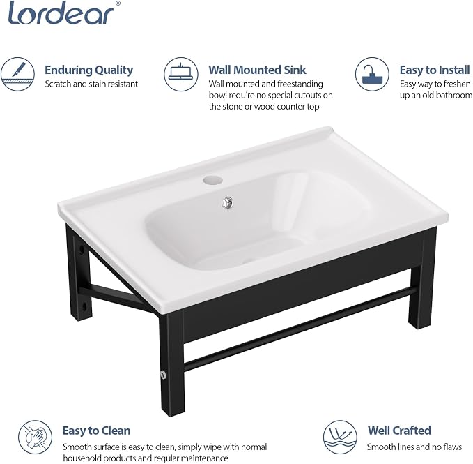 Lordear Wall Mounted Bathroom Sink with Towel Rack 24 x 16 Inch Modern Black Wall Hung Sink for ADA Bathrooms, Rectangular One Hole Porcelain Vanity Sinks