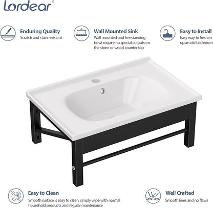 Lordear Wall Mounted Bathroom Sink with Towel Rack 24 x 16 Inch Modern Black Wall Hung Sink for ADA Bathrooms, Rectangular One Hole Porcelain Vanity Sinks