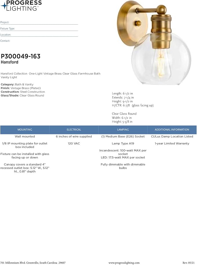 Progress Lighting P300049-163 Hansford Bath & Vanity, Vintage Brass