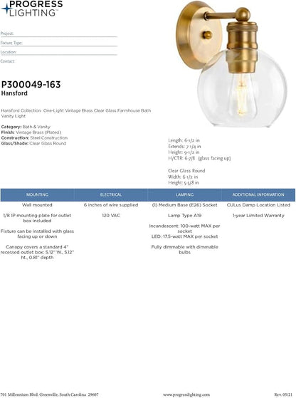 Progress Lighting P300049-163 Hansford Bath & Vanity, Vintage Brass
