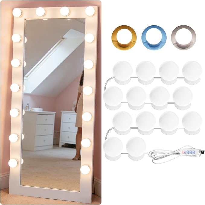 LED Vanity Mirror Lights 14, 3-Color Dimmable Stick-On Makeup Light USB | 3000K/4000K/6500K 3-Color, 10-Level Dimming, No-Drill Adhesive Mount, 5V USB Powered, Adjustable 0.4-10" Spacing, 14 Lights