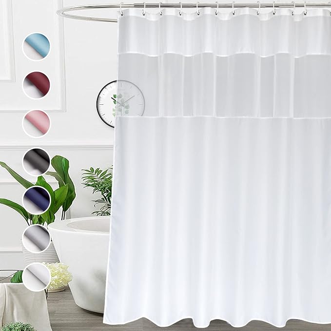 UFRIDAY Long White Shower Curtains 72 x 75 inches, Modern Water Repellent Cloth Polyester Fabric Shower Curtains for Bathroom with See Through Top Window