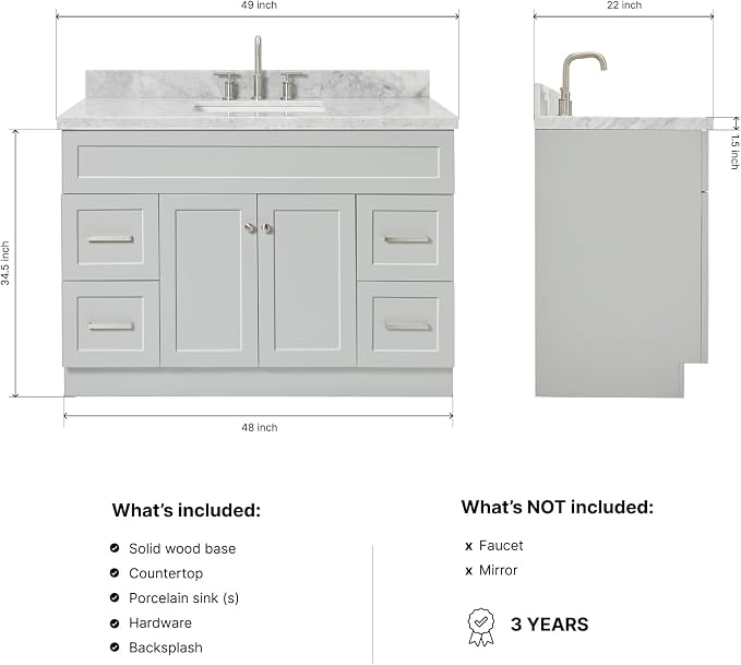 Bradford 48-Inch Bathroom Vanity with Sink — Grey Single Sink Bathroom Vanity, 1.5" Edge Italian Carrara Marble Top, Solid Wood, 2 Soft-Close Doors, 4 Full Extension Dovetail Drawers