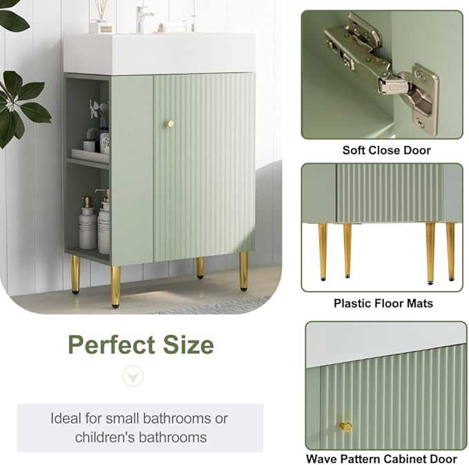 22" Small Bathroom Vanity with Sink, Morden Bathroom Vanities with Soft-Close Door and Open Shelf, Freestanding Narrow Vanity for Compact Space-Saving Bathrooms (Green,22" Freestanding Left Shelf)