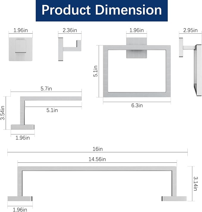 Gypie 16Inch Bathroom Accessory Set Wall Mounted, Brushed Nickel 5-Pieces | Stainless Steel Bathroom Hardware Set Towel Bar Set