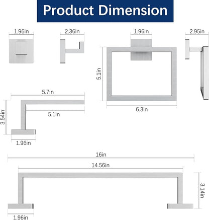 Gypie 16Inch Bathroom Accessory Set Wall Mounted, Brushed Nickel 5-Pieces | Stainless Steel Bathroom Hardware Set Towel Bar Set