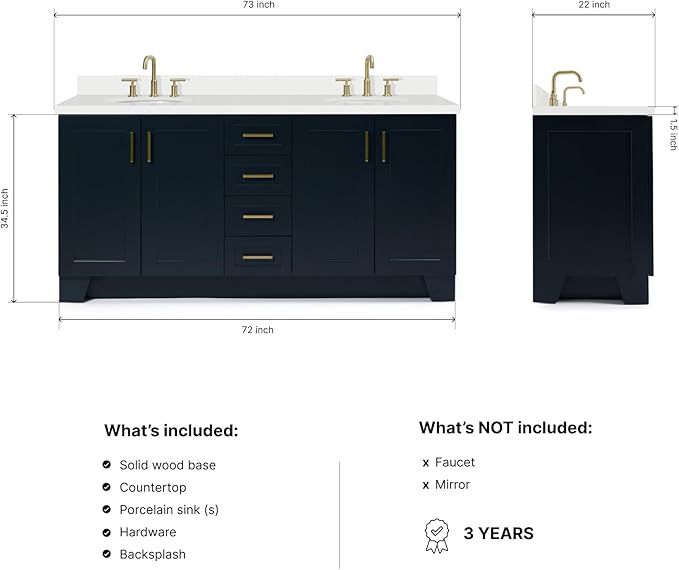 ARIEL Taylor 72-inch Bathroom Vanity with Sink,Solid Wood, 1.5-inch Pure White Quartz Countertop & Backsplash, Double Oval Porcelain Sink, 4 Soft Closing Doors, 6 Dovetail Drawers, Midnight Blue