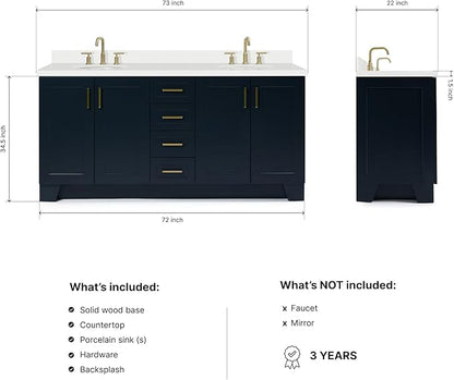 ARIEL Taylor 72-inch Bathroom Vanity with Sink,Solid Wood, 1.5-inch Pure White Quartz Countertop & Backsplash, Double Oval Porcelain Sink, 4 Soft Closing Doors, 6 Dovetail Drawers, Midnight Blue