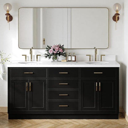 ARIEL Hepburn 72-inch Bathroom Vanity with Sink,Solid Wood, 1.5-inch Pure White Quartz Countertop & Backsplash, Double Oval Porcelain Sink, 4 Soft Closing Doors, 6 Dovetail Drawers, Black