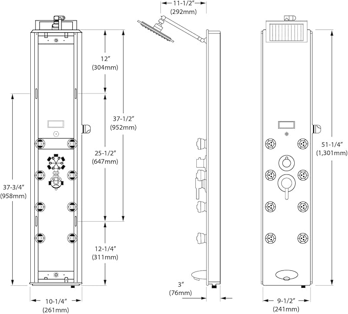 Blue Ocean 52" Aluminum SPA392B Shower Panel Tower System with Rainfall Shower Head and 8 Adjustable Massage Jets (Matte Black)