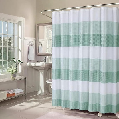 Ombre Waffle Shower Curtain with 12 Roller Ball Hooks - Spa Green 70" x 72" - Water Resistant Polyester Blend, Washable Perfect Cloth Shower Curtain for Stylish Bathrooms