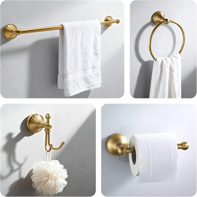 4 Piece Antique Brass Gold Bathroom Towel Bar Set - Toocust 16"-27.7" Adjustable Towel Bar for Bathroom, Wall Mounted Antique Brass Bathroom Hardware, Brushed Brass Towel Holder