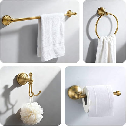 4 Piece Antique Brass Gold Bathroom Towel Bar Set - Toocust 16"-27.7" Adjustable Towel Bar for Bathroom, Wall Mounted Antique Brass Bathroom Hardware, Brushed Brass Towel Holder