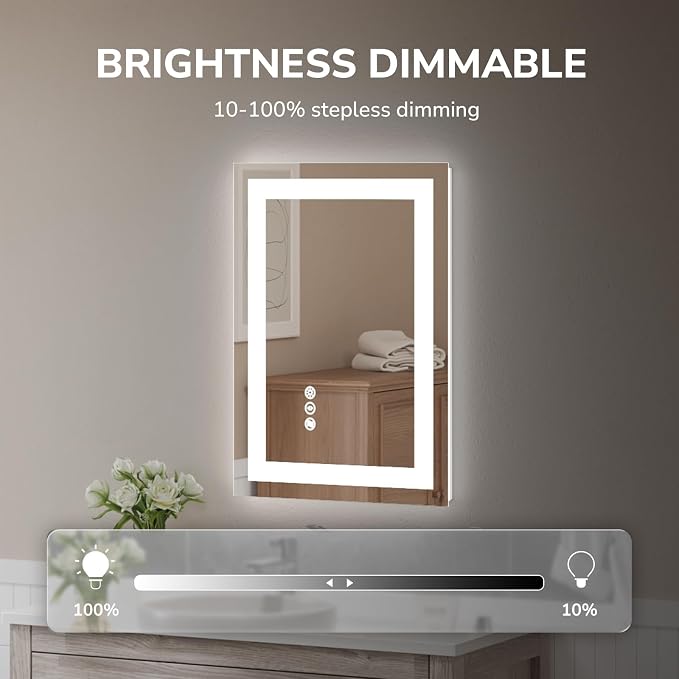 LED Bathroom Mirror 20x28 Inch Tempered Glass - Frameless LED Backlit Lighted Mirror for Bathroom Vanity with Anti-Fog, 3 Colors Dimmable, Memory Function, Wall-Mounted