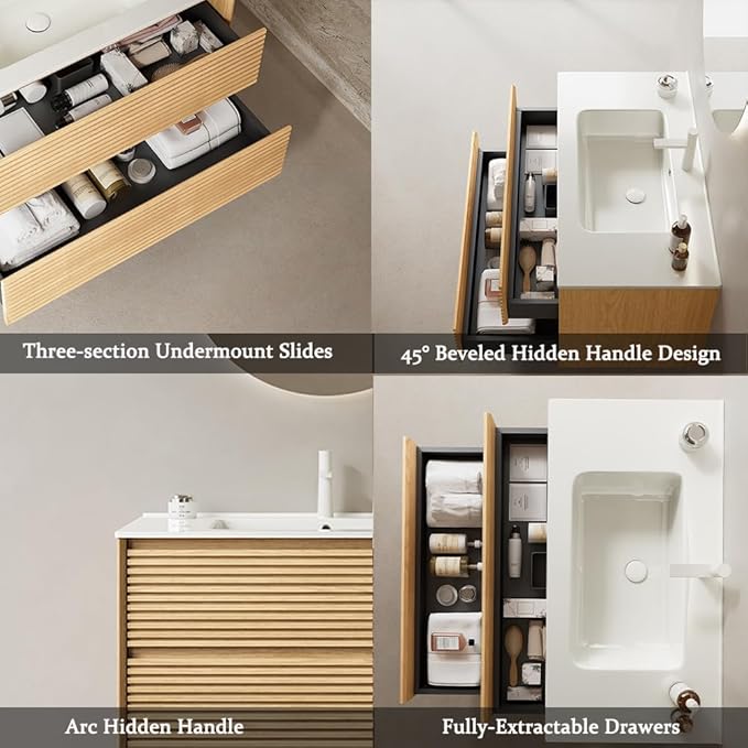 36" Floating Bathroom Vanity with Sink, Wall Mounted Modern Bathroom Cabinet with 2 Soft Close Drawers, Oak & Plywood, Pre-Assembled with Integrated Ceramic Basin – Sedona, Light Oak