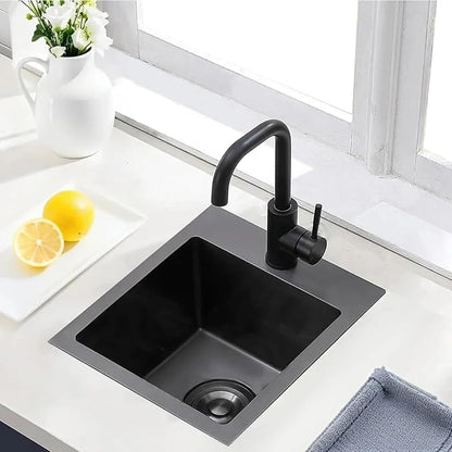 VAPSINT 15x15 Inch Black Drop In Bar Sink, Single Bowl Top Mount Handmade Gunmetal Black Wet Bar Prep RV Sink, 16 Guage Stainless Steel Outdoor Small Kitchen Sinks with Grid & Drain Strainer