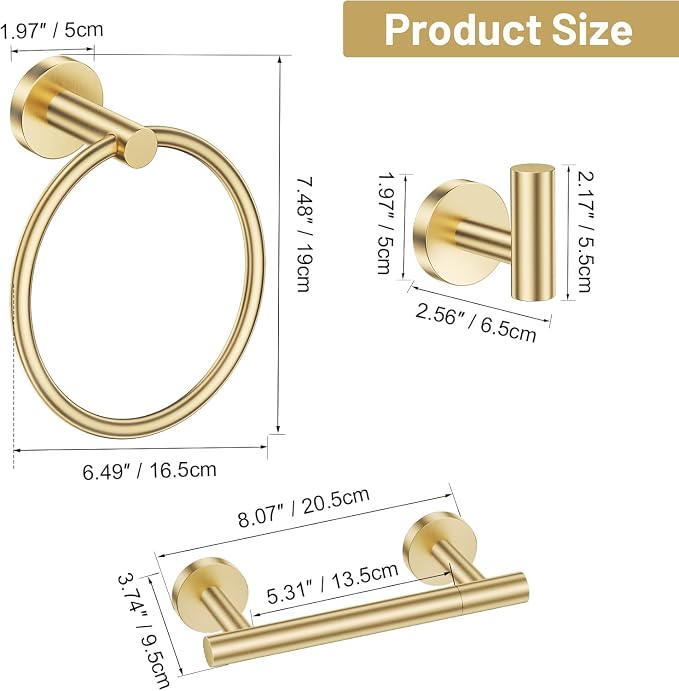 TURS Brushed Gold 4-Pieces Towel Ring Set Include Towel Ring Double Base Toilet Paper Holder Towel Hook SUS304 Stainless Steel Bathroom Accessories Kit Wall Mounted