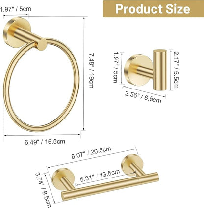 TURS Brushed Gold 4-Pieces Towel Ring Set Include Towel Ring Double Base Toilet Paper Holder Towel Hook SUS304 Stainless Steel Bathroom Accessories Kit Wall Mounted