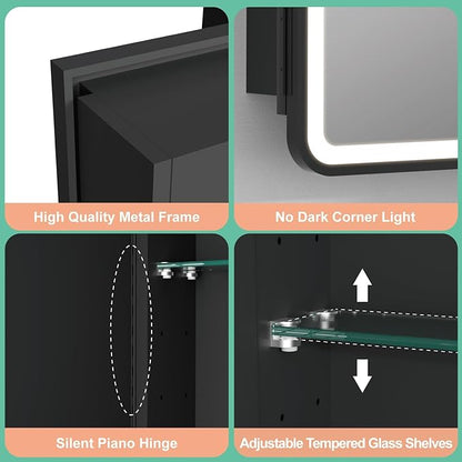 16x28 Inch Medicine Cabinet with Mirror, Recessed or Surface Mount Bathroom Medicine Cabinet with LED Lights, Anti-Fog, Memory Function, Adjustable Shelf, Dimmable Light, ETL Listed, Black,Right Hinge
