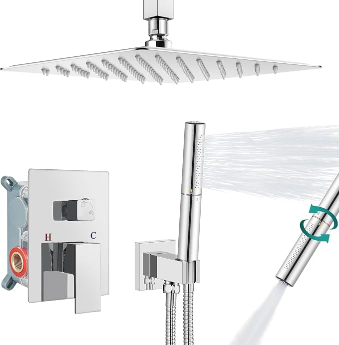 Aolemi Shower System with Rain Head and Handheld,12-Inch,Polish Chrome | High-Pressure Shower Faucet Set with Dual-Function Handheld,Rough-In Valve,1.8 GPM,Ceiling Mount Trim Kit