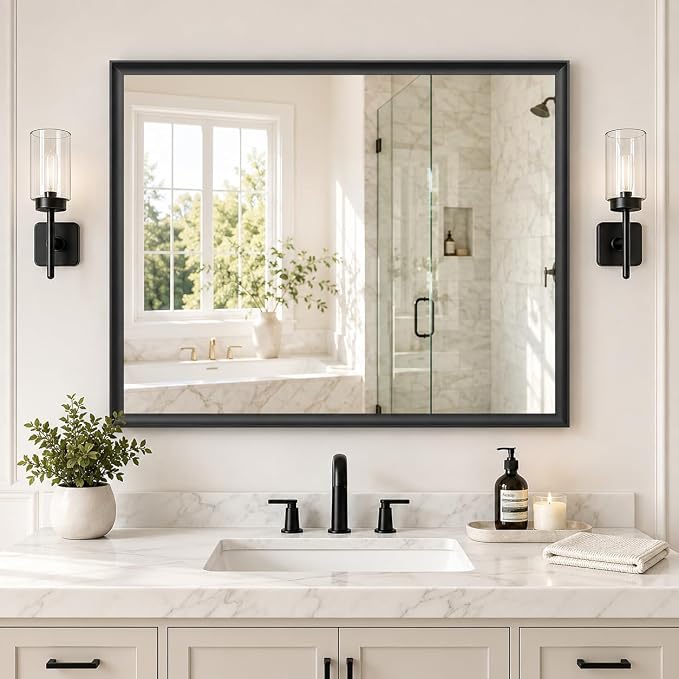 30x40 Inch Black Bathroom Mirrors for Over Sink | Rectangle Vanity Wall Mirror for Bedroom, Entryway, Living Room Decor, Aluminum Framed, Curved Wide Edge, Anti-Rust