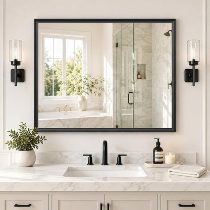 30x40 Inch Black Bathroom Mirrors for Over Sink | Rectangle Vanity Wall Mirror for Bedroom, Entryway, Living Room Decor, Aluminum Framed, Curved Wide Edge, Anti-Rust