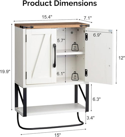 Bonnlo Wall Cabinet Farmhouse with Tower Bar Small Bathroom Medicine Cabinet Over Toilet Storage Organizer with Tower Bar Wall Mounted for Bathroom Kitchen Rustic White & Brown